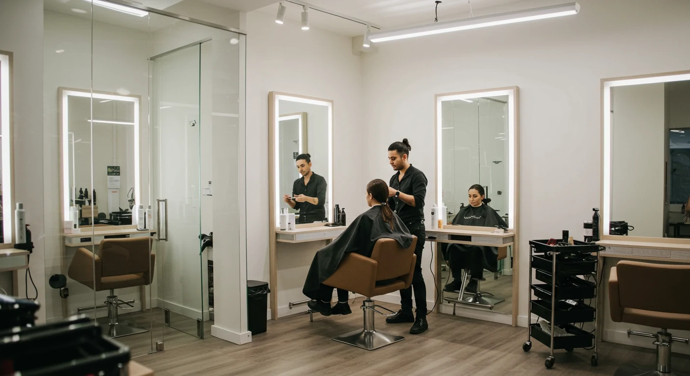 Professional hairstylist assisting client at Hair Hub Hillcrest salon in a private appointment station