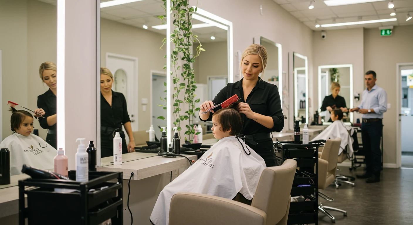 Hair Hub Hillcrest stylist giving a calm kids haircut in a private salon chair