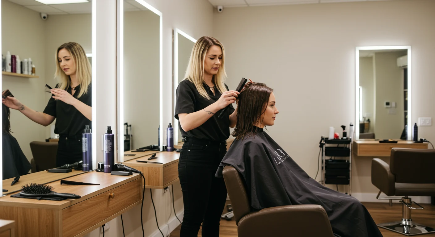 Hillcrest salon client seated during a keratin appointment with stylist in a calm private studio setting