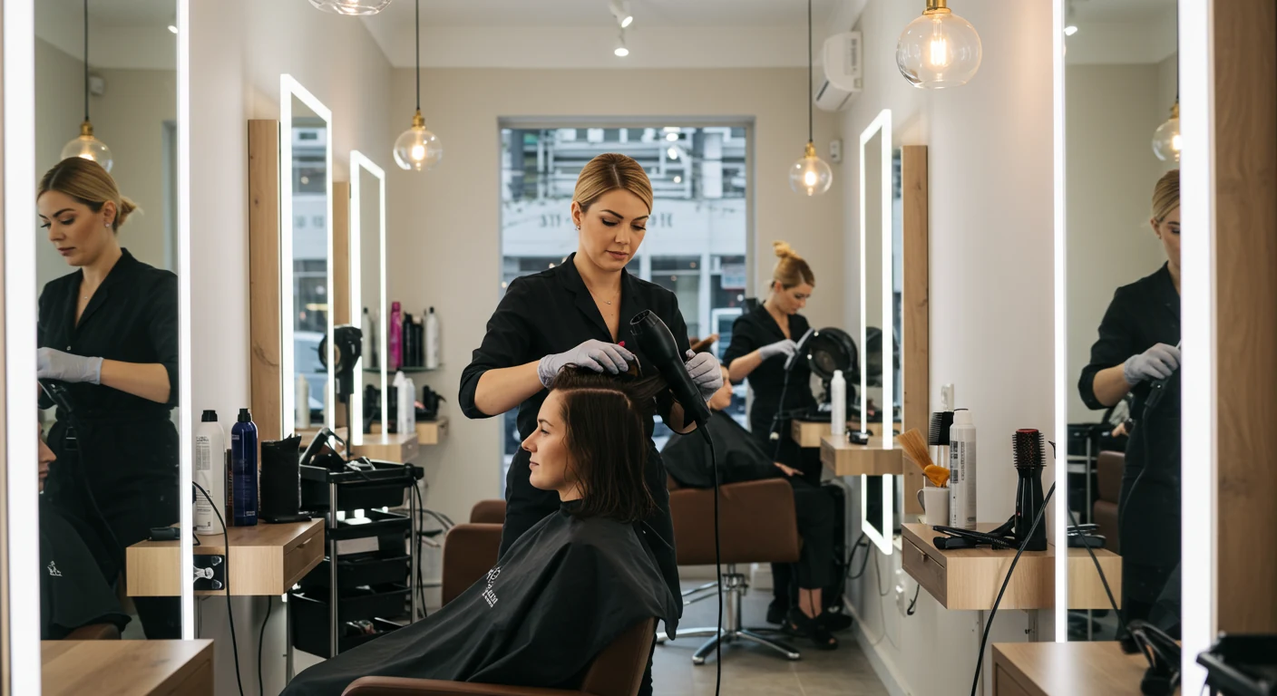 Hair stylist blow-drying and styling a client's hair during a personalised appointment in a private salon studio at Hair Hub Hillcrest