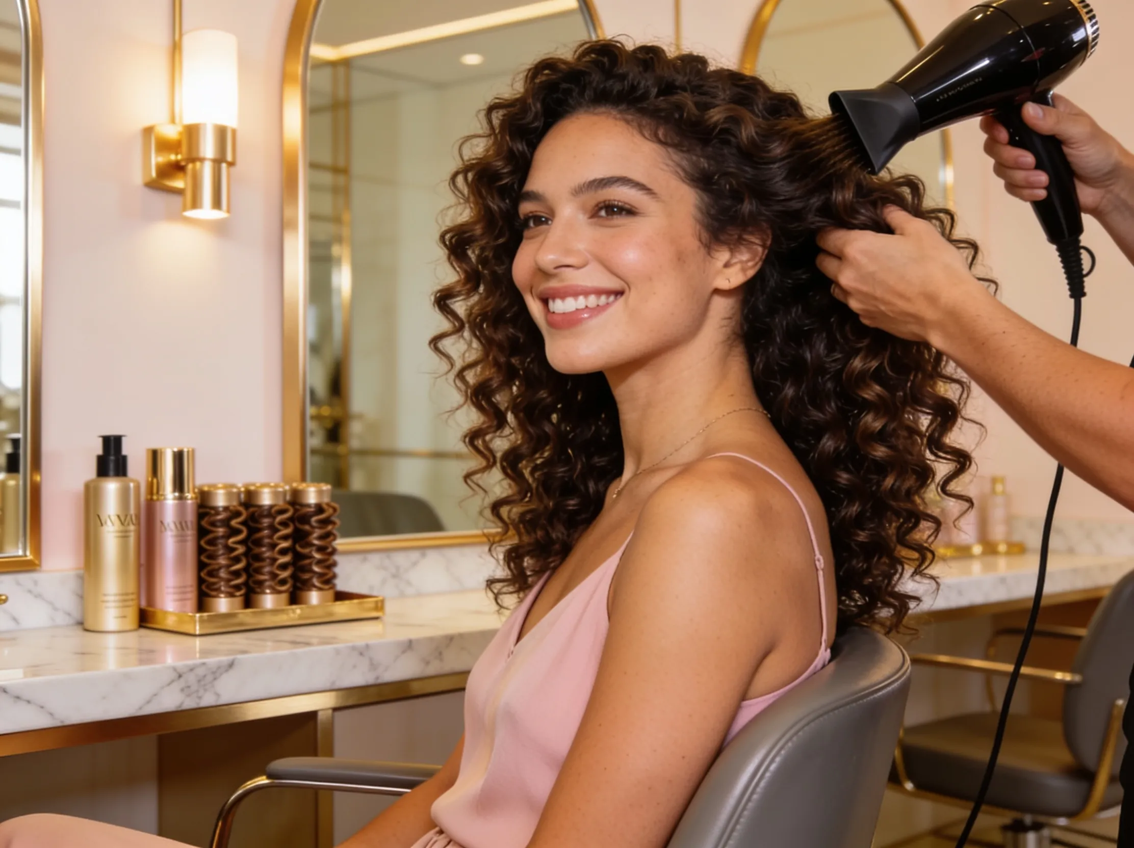 Smiling woman with healthy hydrated curls after a professional curly hair styling appointment at Hair Hub Hillcrest near Park Ridge