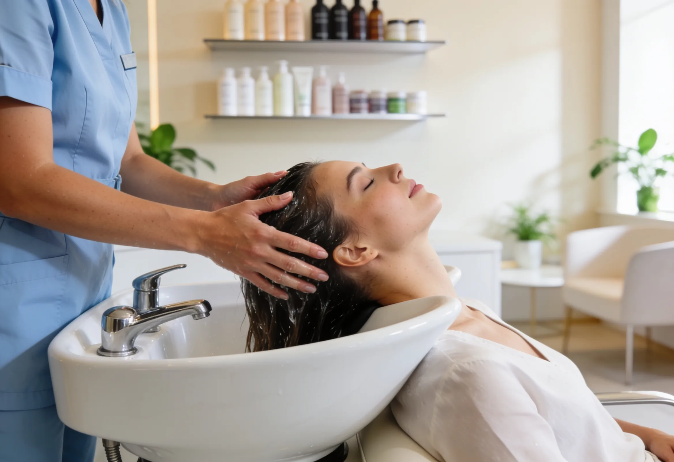 Female client relaxing during a professional shampoo and conditioning treatment at Hair Hub Hillcrest near Regents Park