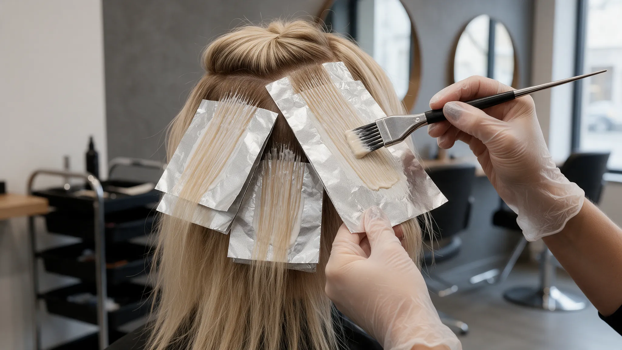 Professional hairstylist applying foil highlights to sectioned hair