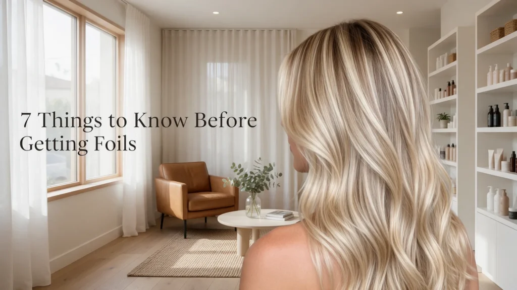 having blonde highlights applied in a salon using hair foils and a tint