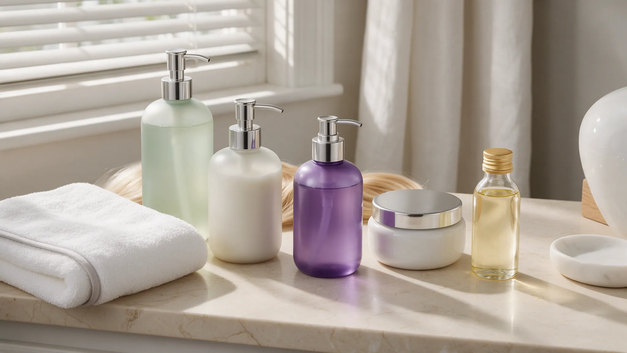 Colour-safe shampoo, purple shampoo and hydrating haircare products for blonde foil highlights