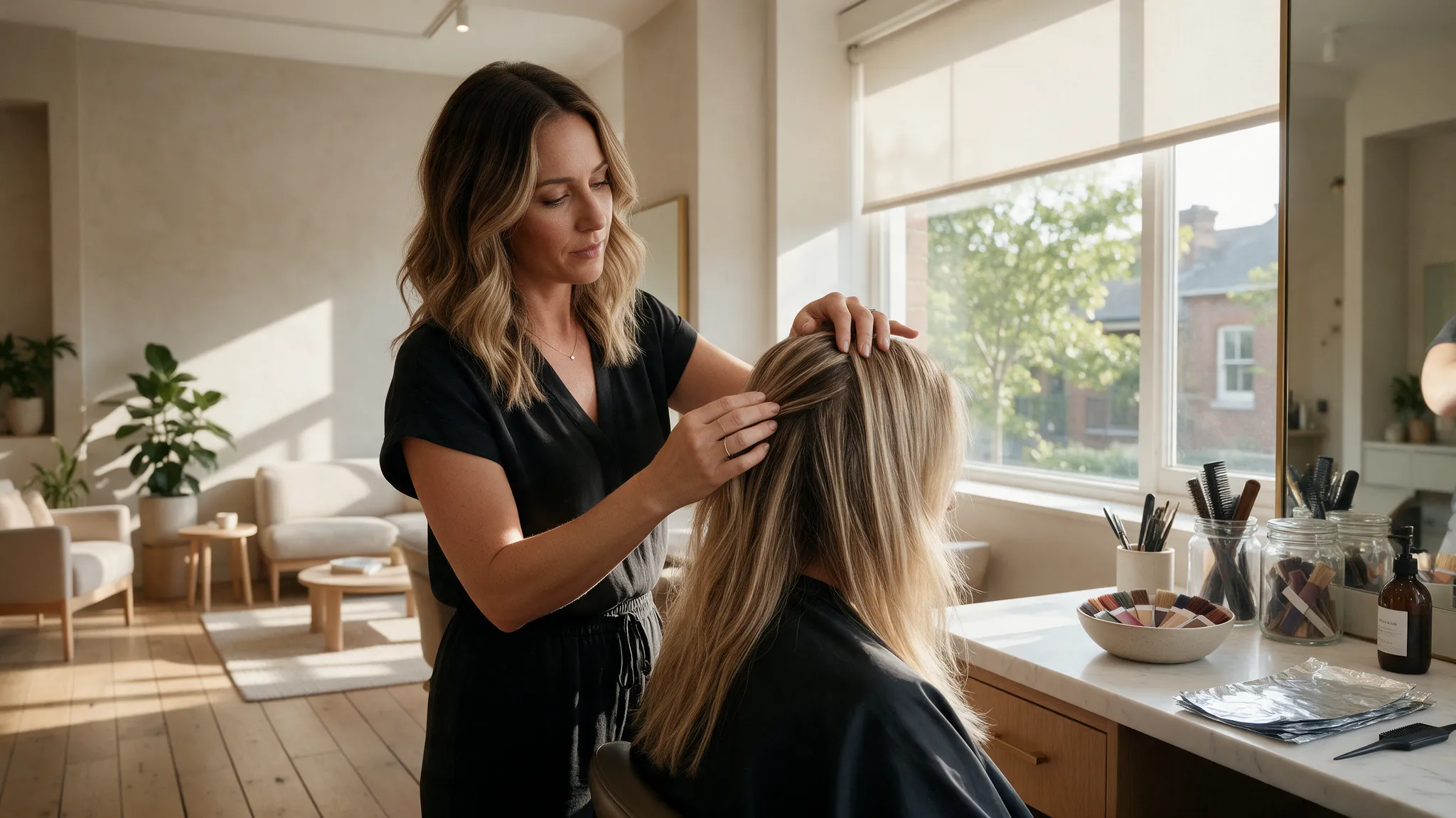 Hairstylist assessing hair condition before a foil highlighting treatment