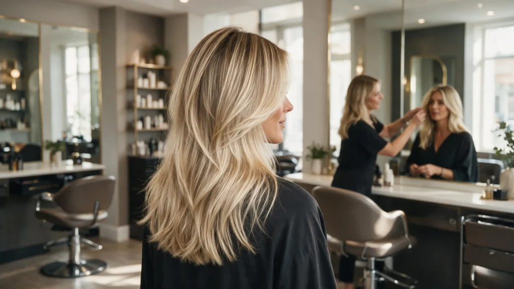 medium-length, layered blonde hair sitting in a salon chair