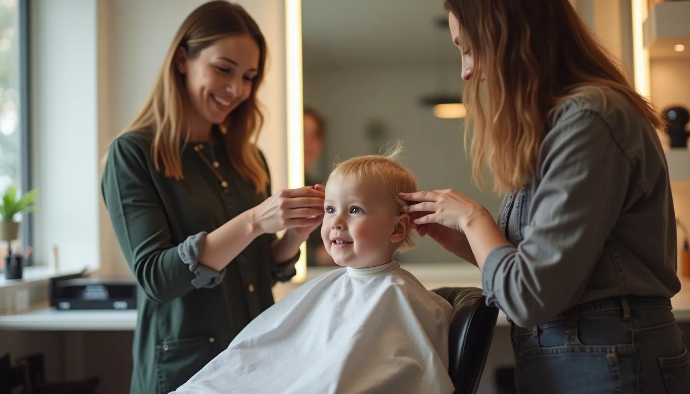 Parent supporting child during their first haircut at a family-friendly salon