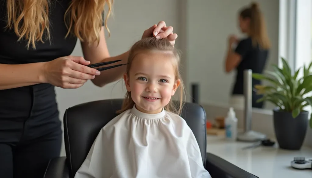 The image shows a young child smiling while wearing a white salon cape during a haircut.