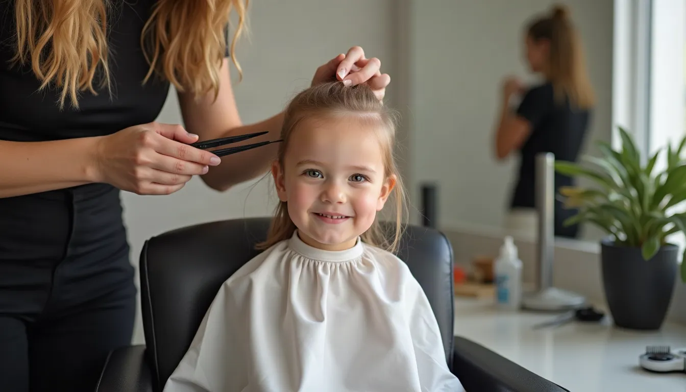 The image shows a young child smiling while wearing a white salon cape during a haircut.