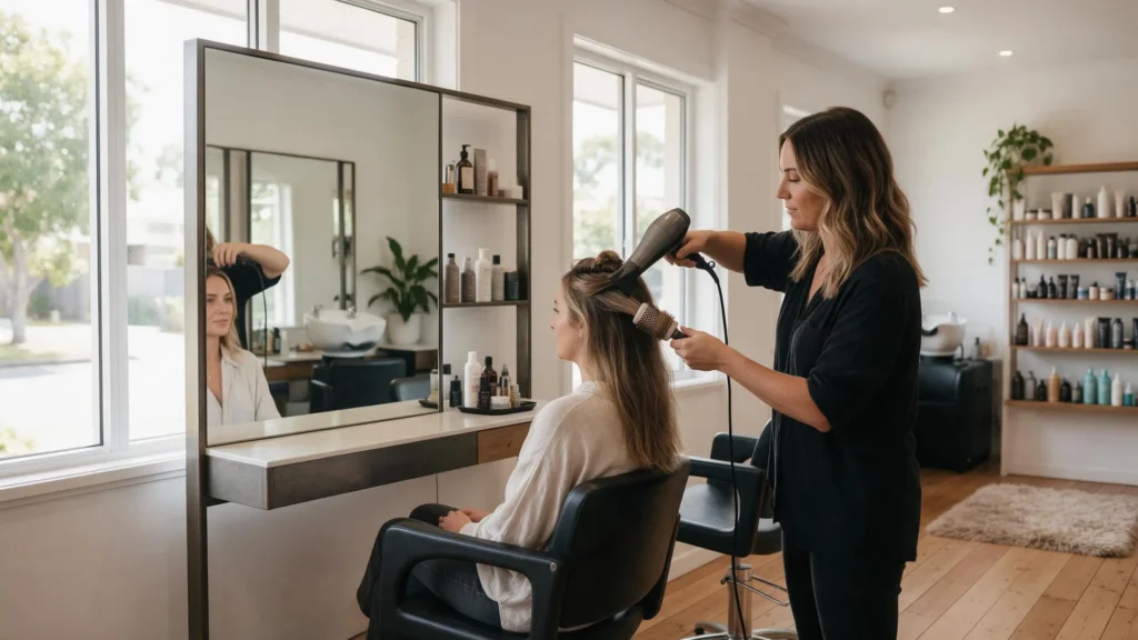 smooth, salon-quality blowout at home by using a high-powered blow dryer and a ceramic round brush