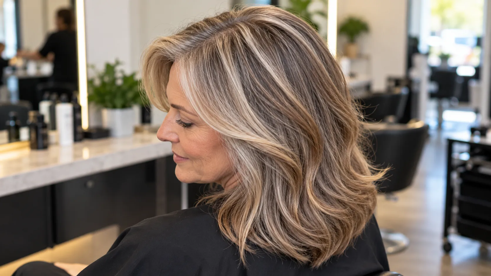 Mature woman with naturally blended grey hair, soft blonde and caramel highlights at a modern hair salon.