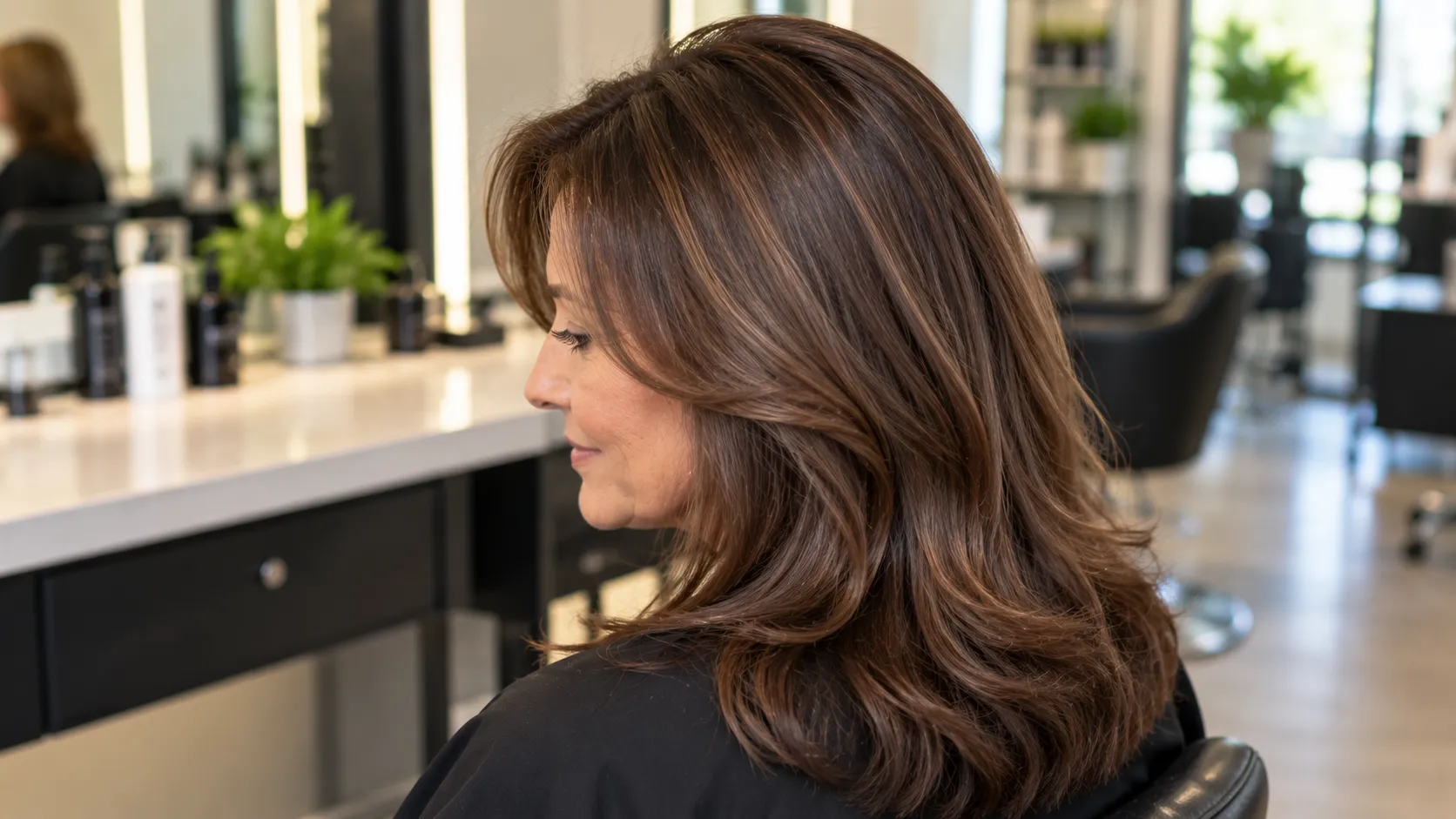 Permanent grey coverage with natural brunette hair colour and a healthy shine at a professional hair salon.