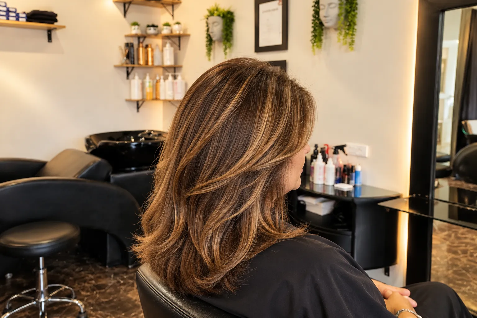Brunette hair with soft caramel-blonde highlights styled at Hair Hub Hillcrest salon.