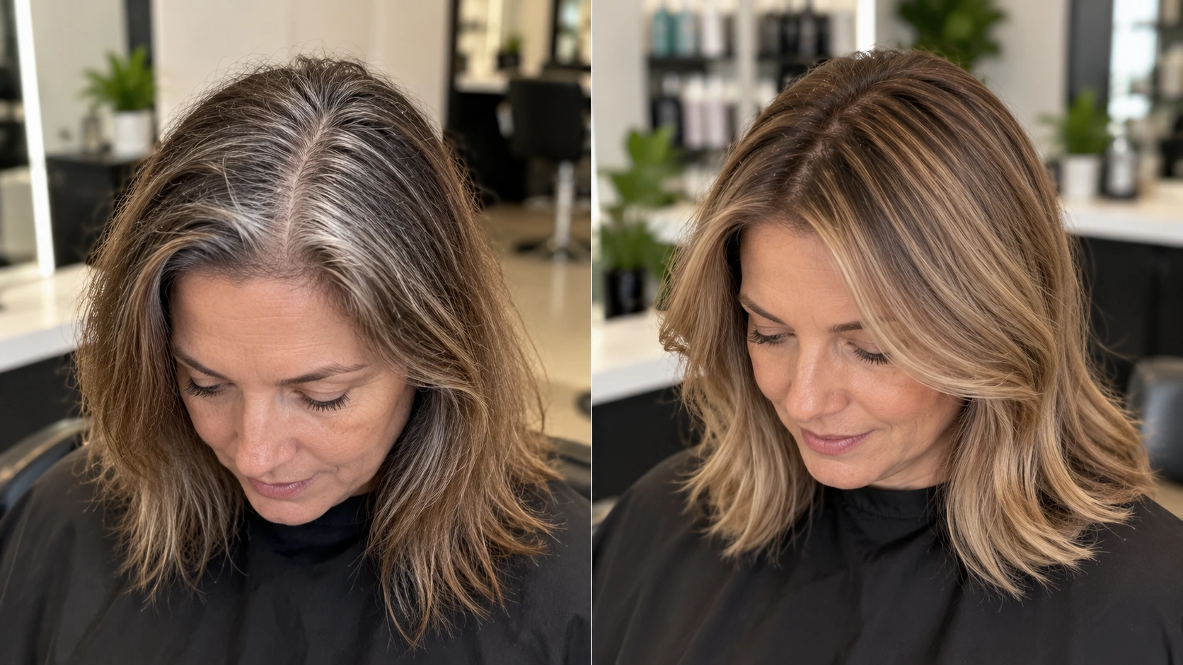 Grey hair blending with soft blonde and caramel highlights at a professional hair salon.